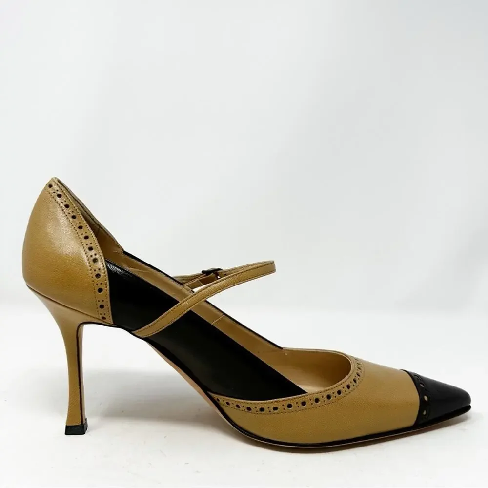 Manolo Blahnik Cap Toe Mary Jane Leather Heels Womens Size EU 39